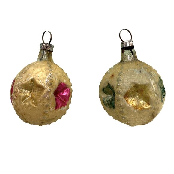 2 Vintage Miniature Feather Tree Star-Shaped Indent Glass Christmas Ornaments - Picture 3 of 7